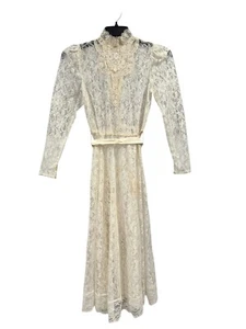 Vintage 70's Women's Ivory Victorian Lace Long Sleeve Lining Slip Dress Small - Picture 1 of 6