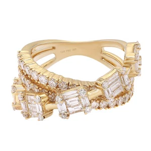 Baguette & Round Cut Diamond Crossover Ring 18K Yellow Gold 1.93Cttw Size 6.5 - Picture 1 of 6