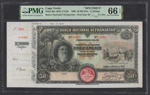 Cape Verde 50 Escudos 1-3-1909 P9bs "Specimen" Uncirculated Grade 66 Top Pop - Picture 1 of 2