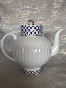 RUSSIAN IMPERIAL USSR LOMONOSOV COBALT NET COFFEE POT TEAPOT - Picture 1 of 10