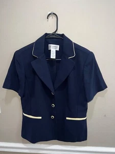 Studio I Women Size 8P Faux Pockets Short Sleeve Blazer Jacket blue yellow trim - Picture 1 of 6