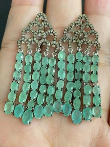 NATURAL EMERALD 3X4, 6X4 NATURAL DIAMOND STERLING SILVER 925 EARRING - Picture 1 of 4