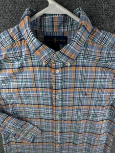 Ralph Lauren Orange Blue Plaid Size 20 Long Sleeve Button Up Shirt Oxford Youth - Picture 1 of 12