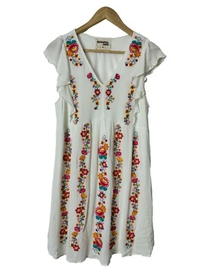 Savanna Jane Embroidered Mini Shift Dress MED White Flutter Sleeve Boho Peasant - Image 1 of 4