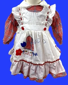 Vintage 3 Mo Baby Girl Red Plaid Dress With White Apron Cute Appliqués - Picture 1 of 12