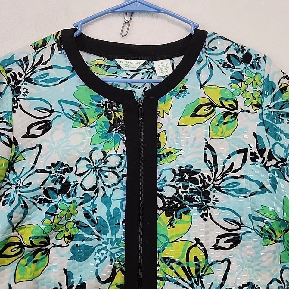 Laura Ashley Womens Jacket 1X Plus Blue Full Zip Floral Long Sleeve Artsy Sequin - Image 1 of 4