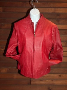 Womens Red Leather Zip-Up Jacket KC Collections M Size - Picture 1 of 13