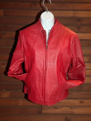 Womens Red Leather Zip-Up Jacket KC Collections M Size - Image 1 of 4