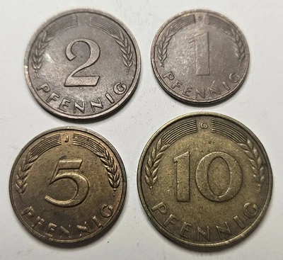 Lot Of (4) 1950 Germany Pfennig Coins - 1, 2, 5, 10 Pfennigs - Brass Clad Steel - Image 1 of 2