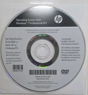 HP Operating System DVD - Windows 7 Pro SP1 64-bit DVDKIT 670233-DN7 No PROD KEY - Image 1 of 2