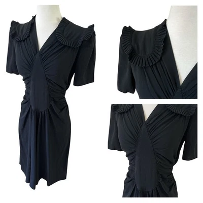 Vtg Deco 30/40’s Black Crepe Dress 26” Waist Ruched Bodice Ruffled Shoulders - Image 1 of 4