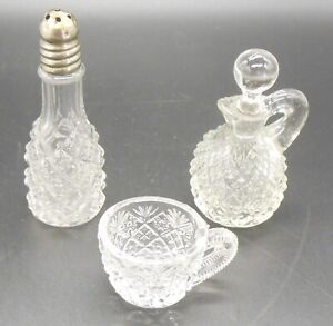 Set of 3 Miniatures Clear Pressed Glass Shaker Cruet & Cup Fan & Diamond