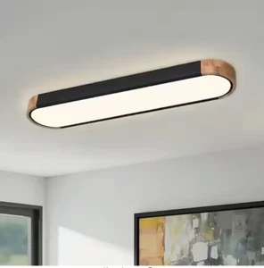 HUOKU Lumin 38 in. W 1-Light Black+Wood Integrated LED Flush Mount Ceiling Light - Picture 1 of 8