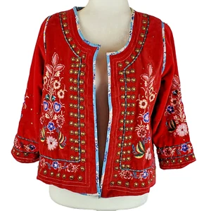 Ruby Yaya Red Velvet 3/4 Sleeve Floral Embroidered Lined Jacket Women's Size XS - Picture 1 of 11
