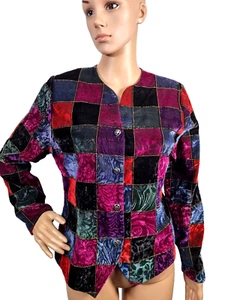 FOSBY Vintage Harlekin Patchwork Samt Jacke Größe UK 12 38" 39" schwarz lila - Bild 1 von 12