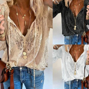 Blusa Top Suelta Informal de Verano Manga Larga Cuello en V de Encaje para Mujer - Imagen 1 de 18