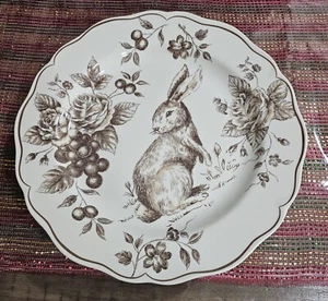 Set of 4 Maxcera Toile Easter Bunny Scalloped 11" Dinner Plates Brown & Beige - Picture 1 of 5