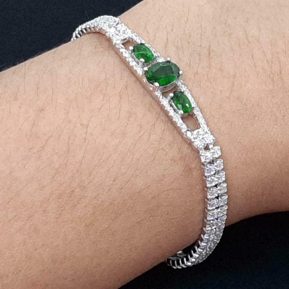 5 Ct Oval Cut Emerald Lab Created Diamond Tennis Bracelet 925 Silver Gold Plated - Image 1 of 4