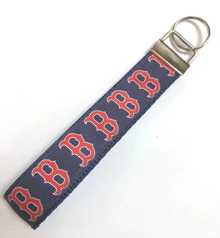BOSTON RED SOX "B" Key Chain, Wristlet, Ribbon Key Fob, Red & Blue Webbing, MLB Cover