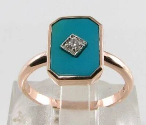9K 9CT ROSE GOLD TURQUOISE DIAMOND ART DECO INS RUBOVER RING FREE RESIZING - Picture 1 of 5