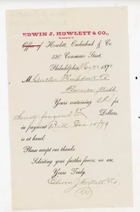 1882 Signed Edwin J. Howlett & Co. Payment Receipt Letter Florence, Mass Antique - Picture 1 of 2