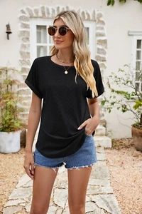 Full Size Round Neck Eyelet Short Sleeve Top XL/Black - Picture 1 of 3