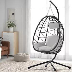Egg Chair with Stand Indoor Outdoor Swing Chair Patio Wicker Hanging Egg Chair H - Picture 1 of 12