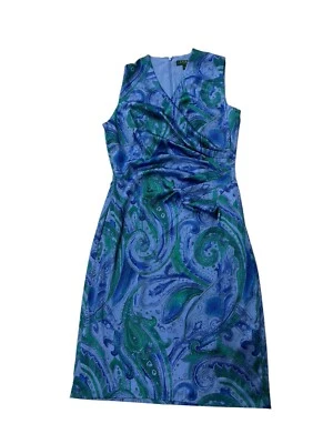Lauren By Ralph Lauren Blue Paisley Faux Wrap Satin Dress Size 10 NWT - Image 1 of 4