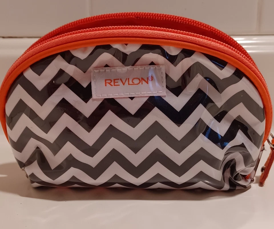 Vintage REVLON  Plastic Makeup Bag w/mirror black/white Chevron with Coral  MCM - Image 1 of 4
