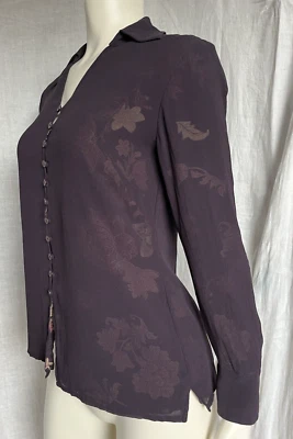 Blusa Top Vintage Seda Abotonada Púrpura Floral En Capas Capricho Elegante 2/XS Foto 1 de 4