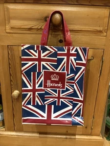 Harrods Vinyl Tote Bag - Union Jack Print - Large Shopper / Book Bag - London - Picture 1 of 19