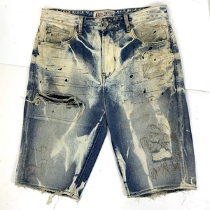 Pantalones Cortos de Jean Y2K AKOO EMPIRE Estándar Hombres Talla 32 Envejecidos Pintura Salpicaduras Logo - Imagen 1 de 17