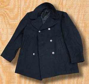 VINTAGE 1978 VI MIL US NAVY MENS 44R EAGLE BUTTONS WOOL ENLISTED BLACK PEA COAT - Picture 1 of 15