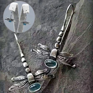 Vintage Silver Dragonfly Moonstone Hook Dangle Earrings Women Party Jewelry - Picture 1 of 15
