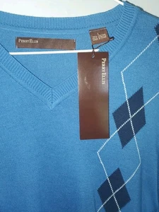 Perry Ellis Pullover Herren Large - Blue Diamond Golf V-Ausschnitt Strick Baumwolle Acryl - Bild 1 von 7