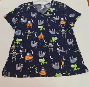 ScrubStar Navy Blue Halloween Sloth V Neck Womens Scrub Top Sz XL Pockets Soft - Picture 1 of 12