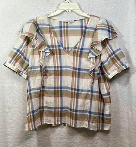 Top blusa Madewell donna taglia XL blu marrone a quadri volant SS cotone top - Foto 1 di 5