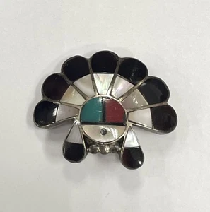 Vintage Zuni Silver Onyx Turquoise Coral Inlay Sun Face Brooch Pin - Picture 1 of 5