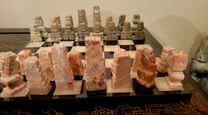 Carved Onyx & Marble Stone Chessmen Chess Set 3.25" King 13" Board 1.5" Squares - Picture 1 of 13