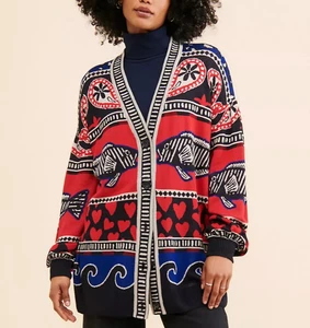💕195 $ FARM RIO GR. XS PASST KLEIN MITTEL HERZEN GEMISCHTER DRUCK CARDIGAN PULLOVER - Bild 1 von 4