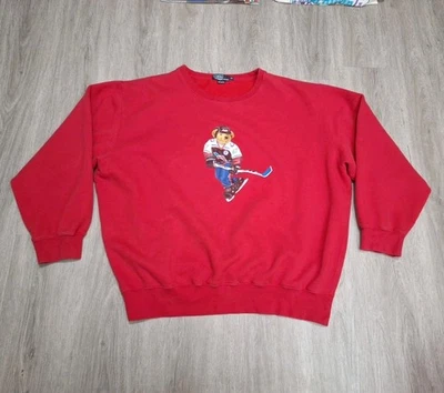 Vintage Ralph Lauren Polo Bear Hockey Sweatshirt Red 2XL Crew Neck Rare *Read - Image 1 of 4