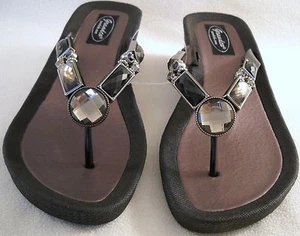 GRANDCO SANDALS BAMBOO WEDGE THONG Beach Pool THONG Black BLING GEMSTONE  - Picture 1 of 2
