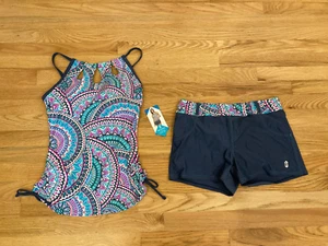 Womens Free Country Tankini Swimsuit Swim Top Shorts Bottoms Grey Teal S Paisley - Picture 1 of 7