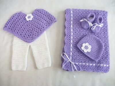 Crochet Baby Set - Blanket Poncho Pants Hat Booties 0-3m Handmade Shower Gift  - Image 1 of 4