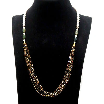 Kostüm Farbe Achat & Grau Perle Long-Necklace 925 Silber Sterling 18K Gold - Bild 1 von 4