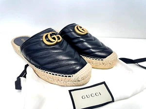 GUCCI Alpargata de Cuero Chevron Matelassé con Sandalias Doble G NEGRAS 35 US 5 - Imagen 1 de 7