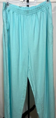 Jessica London Woman Blue 18W Linen Blend Pants Elastic Waist Wide Legs Pockets - Image 1 of 4
