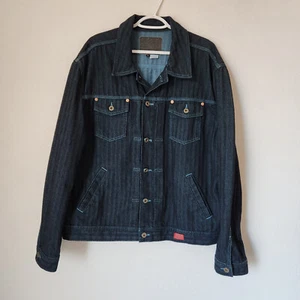 Vintage Y2K Guess Herringbone Denim Trucker Jacket Metal Button Dark Blue Men XL - Picture 1 of 8