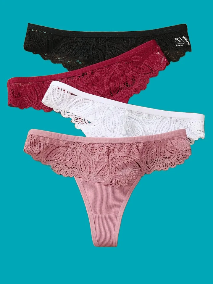 4er-Set Damen-Tangas, mehrfarbig mit Spitzenbesatz, Gr. S, M, L, XL, Neu - Bild 1 von 4
