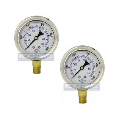 2 PACK LIQUID FILLED PRESSURE GAUGE 0-5,000 PSI, 2.5" FACE, 1/4" LOWER MOUNT - Image 1 of 4